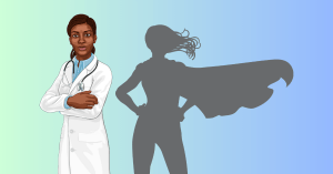 Black woman in doctor's coat, with shadow of a superhero