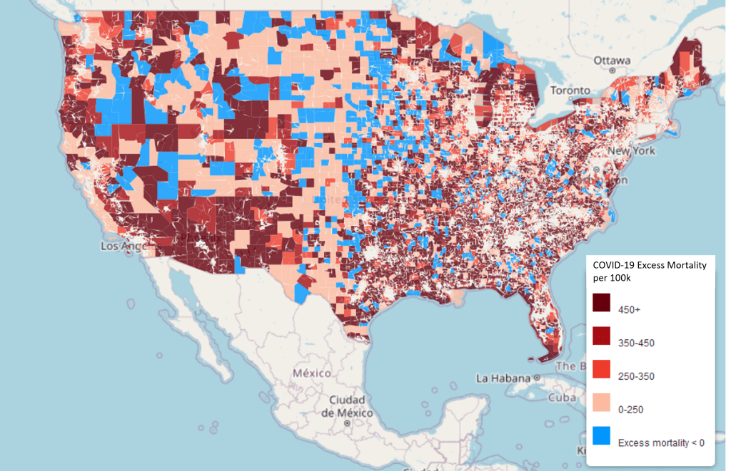 Map of the US showing estimated cumulative excess mortality from 2020-2022