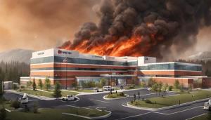 AI-generated illustration of a hospital w/ a wildfire in the background