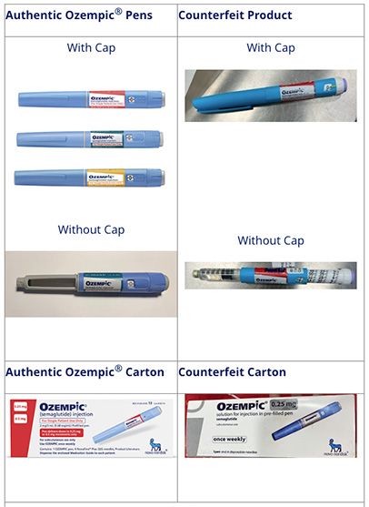 real versus counterfeit semaglutide pens and packaging