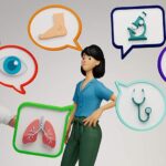 Illustration of adult female patient speaking with male doctor with cartoon bubbles showing conversation topics representing health