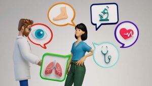 Illustration of adult female patient speaking with male doctor with cartoon bubbles showing conversation topics representing health